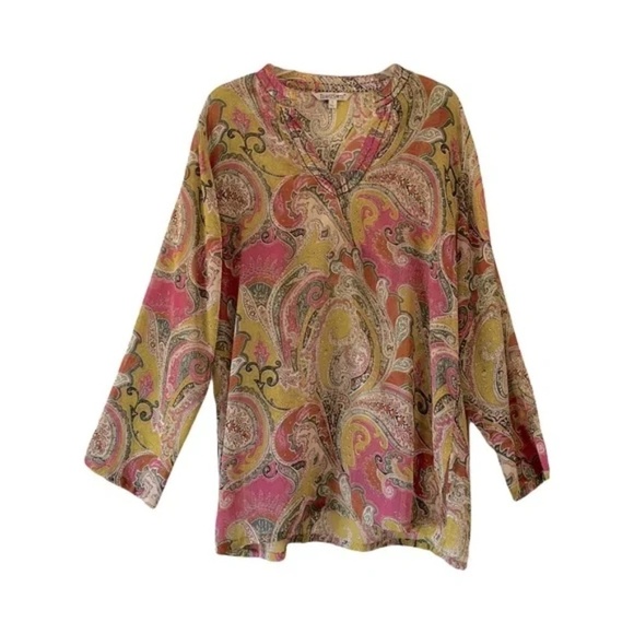 TravelSmith | Multicolored Paisley Sheer Long Sleeve Cover Up Tunic Top, Large - Picture 1 of 6